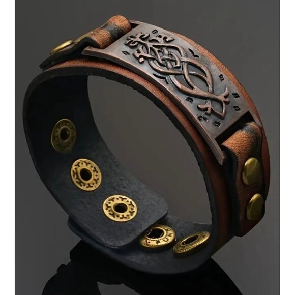 Retro copper Celtic Irish, Nordic Viking pattern 
genuine cowhide bracelet cuff - Picture 2 of 4